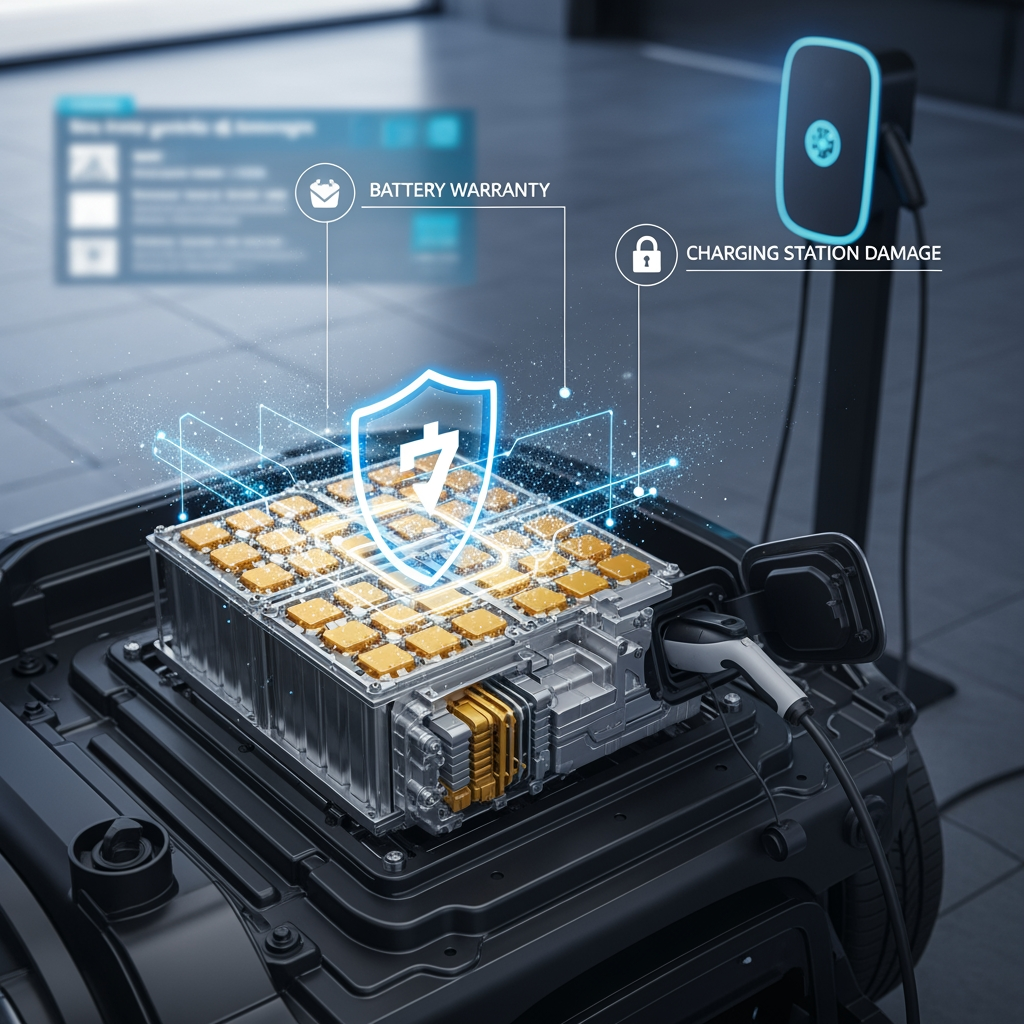 A close-up visual focusing on critical EV components: an electric car's battery pack and a home charging station. Graphic overlays or symbols, such as a protective shield around the battery or a lock icon over the charging port, should highlight specific insurance considerations like battery degradation coverage and charging station protection.