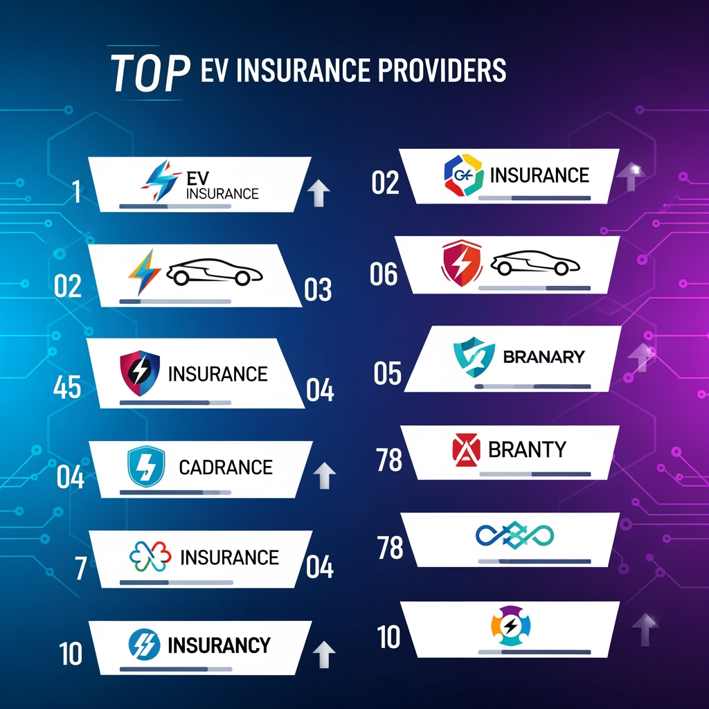 A dynamic 'Top 10' infographic or digital leaderboard displaying a variety of abstract logos or icons, each representing a leading EV insurance provider. The design should be modern and energetic, suggesting a comprehensive list of the best options for electric vehicle owners.