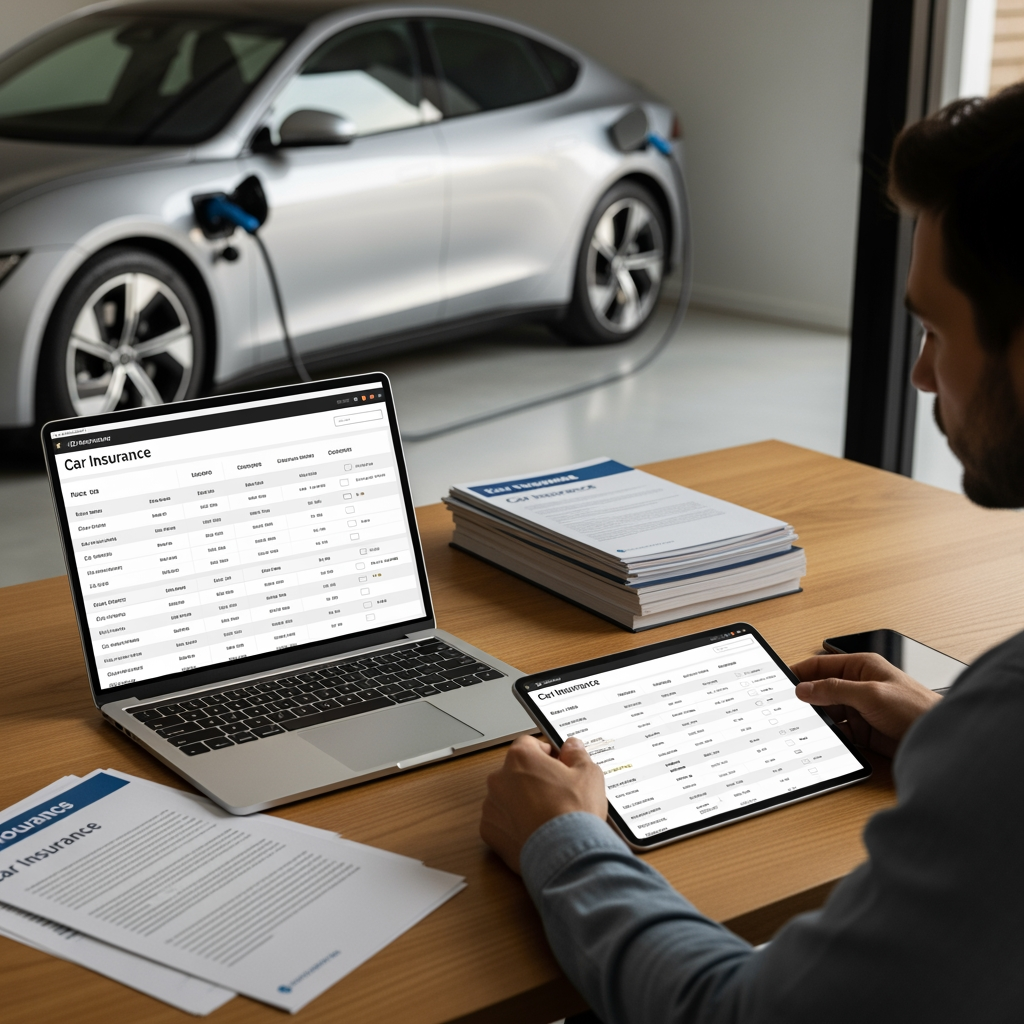 A person thoughtfully comparing different insurance policy documents or digital quotes on a tablet or computer, with an electric vehicle visible in the background. Visual elements like checkboxes, scales, or 'pros and cons' lists could emphasize the process of evaluating coverage, rates, and customer service to choose the best EV insurance.